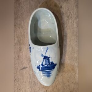 Delft Porcelain Clog Shoe Planter White Blue Flowers Windmill Handpainted 6.5"